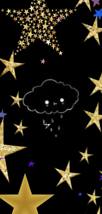 Mobile wallpaper with golden stars and a cute cloud on a black background.