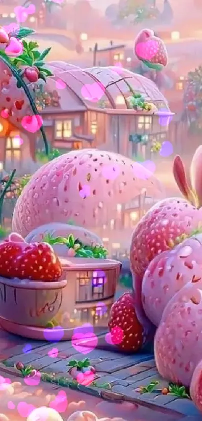 Fantasy landscape with giant pink strawberries and cozy houses.