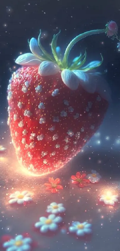 Dreamy glowing strawberry with sparkles and flowers on a fantasy wallpaper.