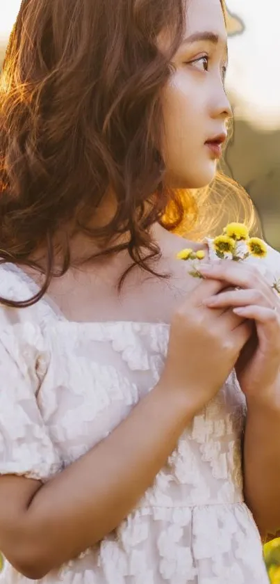 A dreamy portrait of a woman in a field at sunset, capturing natural beauty.