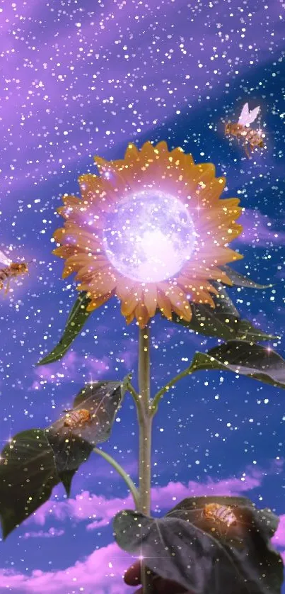 A sunflower glowing with moonlight and bees in a mystical purple sky wallpaper.