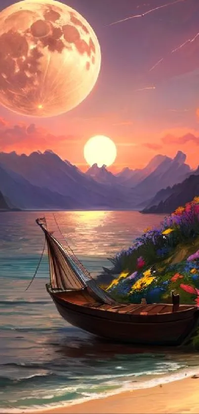 Mobile wallpaper of a sunset and moon over a lake with flowers and mountains.