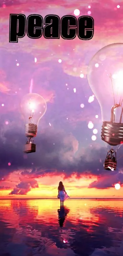 Tranquil sunset with floating light bulbs creating a dreamy atmosphere.