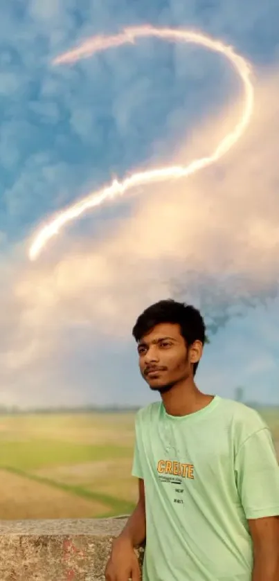 A man standing under a sky with a lightning bolt art at sunset.