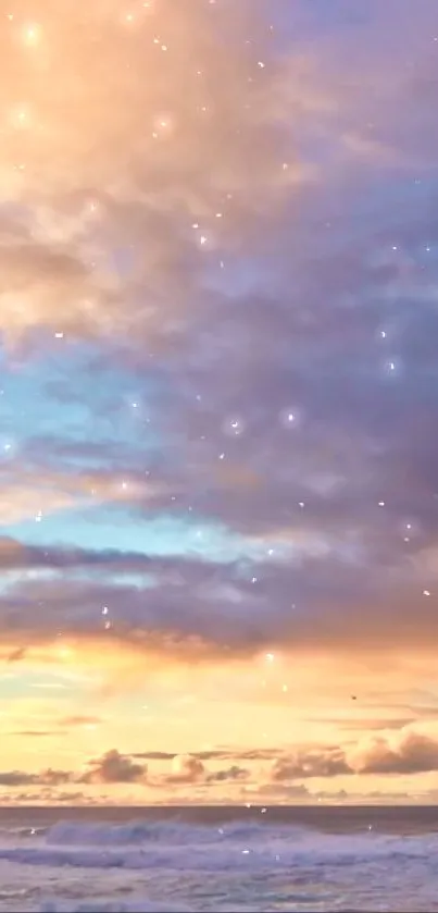 Dreamy sunset beach with glowing pastel clouds and stars.