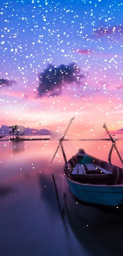 Serene boat on a vibrant pastel sunset lake with dreamy sky.