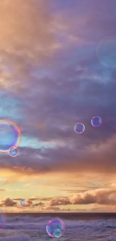 Dreamy sunset with bubbles over ocean waves.