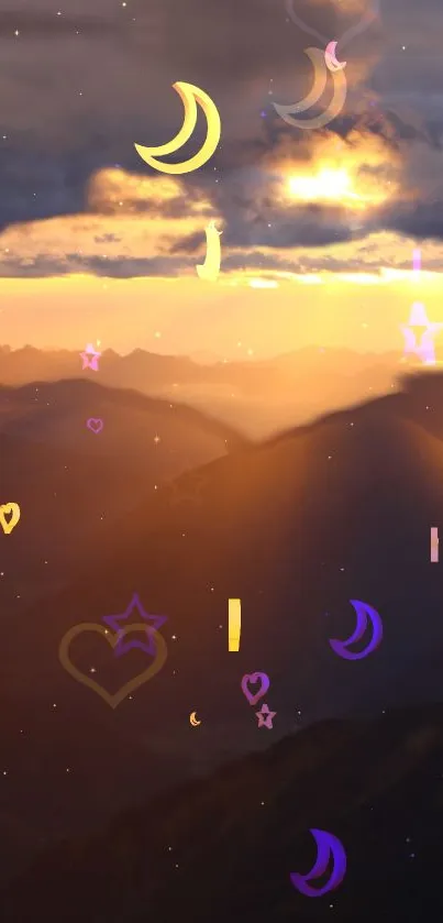 Dreamy sunset wallpaper with celestial symbols over mountains.