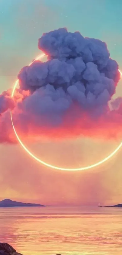 Dreamy sunset with glowing ring and cloud art.