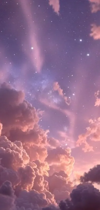 Dreamy sunset cloudscape with stars and lavender sky.