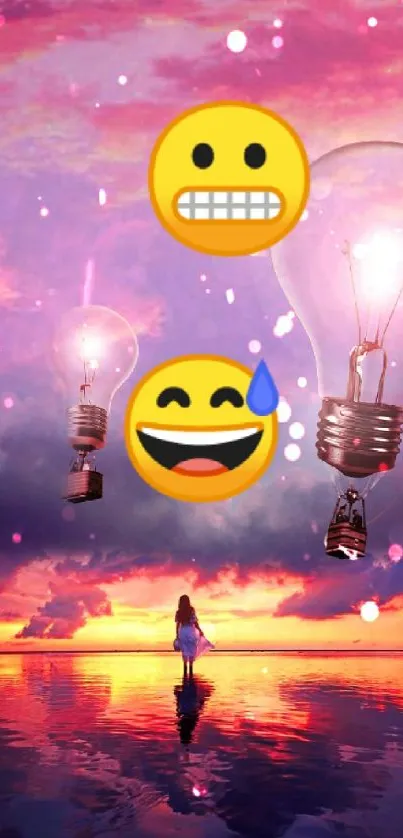 Artistic sunset wallpaper with light bulbs and emojis.