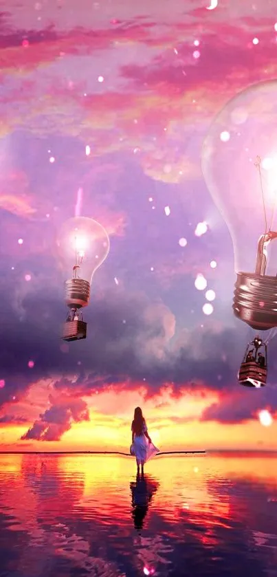 Dreamy sunset sky with floating light bulbs in fantasy art wallpaper.