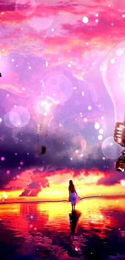 Woman under a dreamy sunset sky with floating light bulbs.
