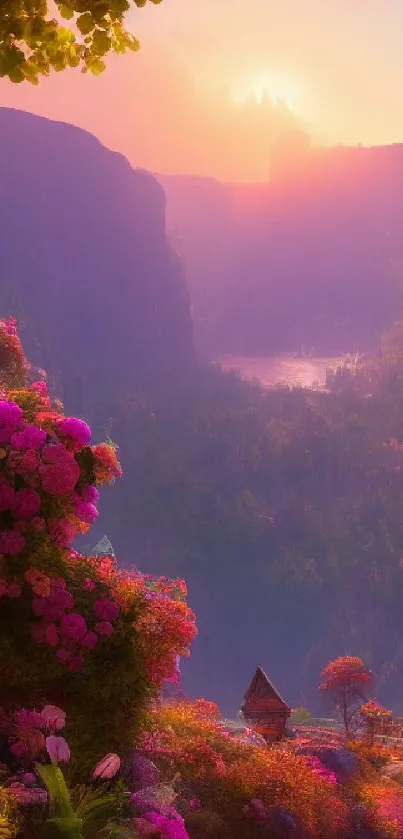 Fantasy landscape with a vibrant sunset over mountains and colorful flowers.