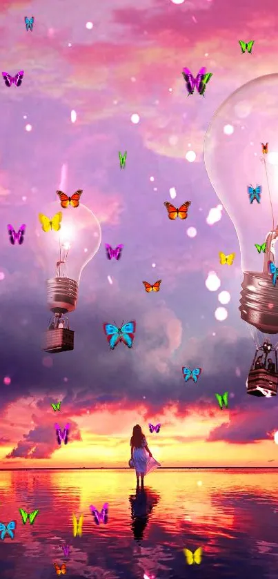 A fantasy sunset wallpaper with butterflies and light bulbs over a reflective water surface.