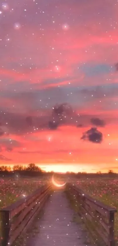 Wooden pathway in a field under a vibrant sunset sky and stars.