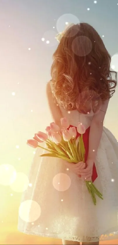 Girl with flowers at sunset surrounded by heart balloons.