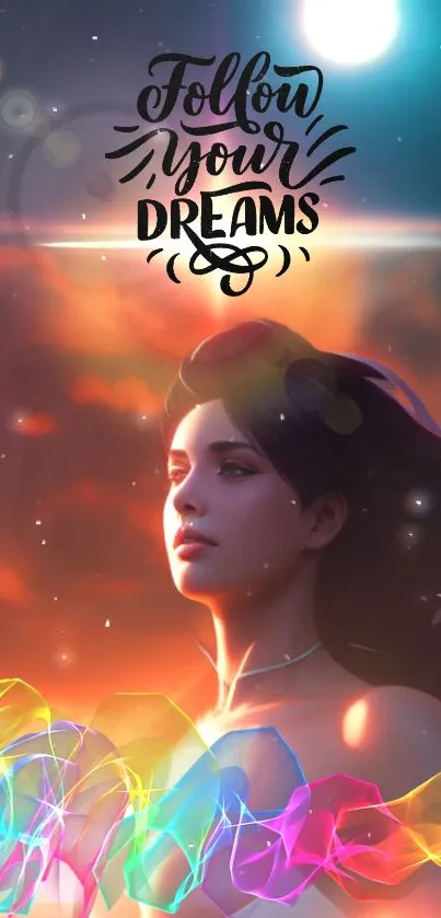 Inspirational 'Follow Your Dreams' wallpaper with colorful sunset and serene woman.