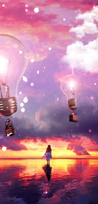 Woman walking on water under floating lightbulbs at sunset.