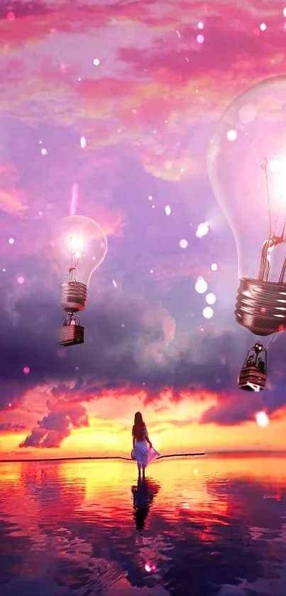 Surreal sunset wallpaper with lightbulbs reflecting on water.