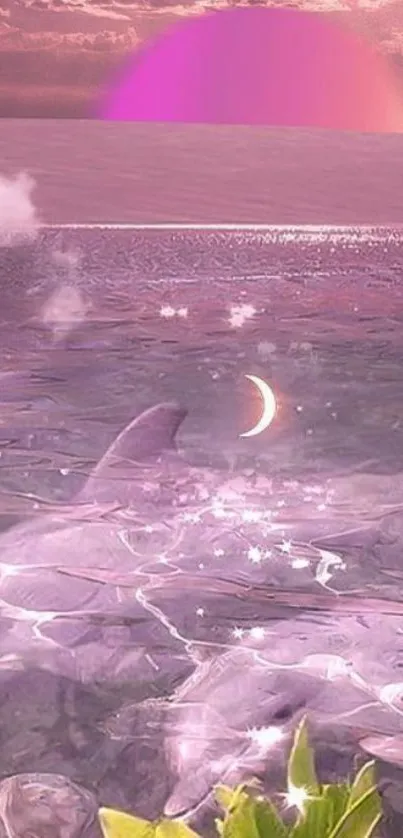 Dreamy pink ocean with crescent moon.