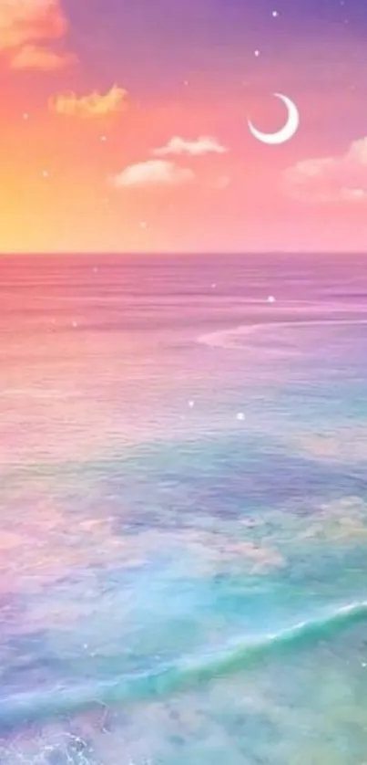 Dreamy ocean sunset with pastel sky and crescent moon wallpaper.