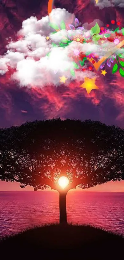 Dreamy sunset wallpaper with tree silhouette and vibrant sky.