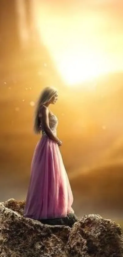 Princess in a pink gown standing against a golden sunset.