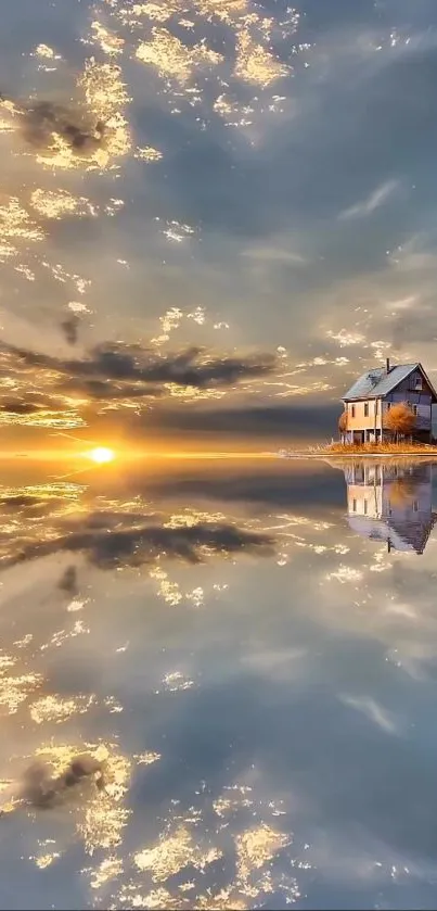 A solitary house by a reflective lake at sunset creating a serene and dreamy landscape.