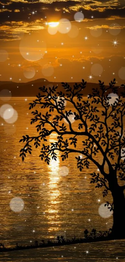 Silhouetted tree against golden sunset with sparkling reflections.