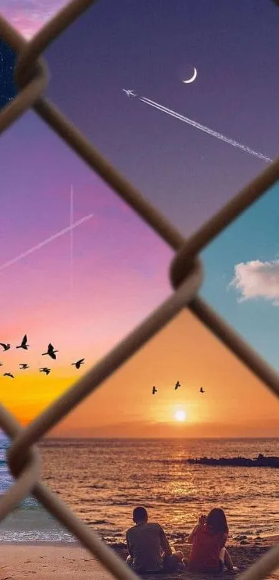 Dreamy beach sunset with fence silhouette, birds, and vibrant sky hues.