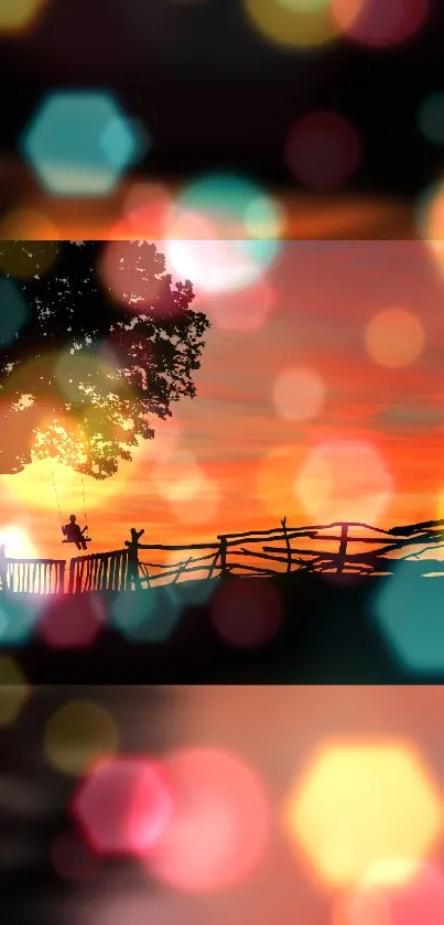 Dreamy sunset silhouette with bokeh effect and vibrant colors.