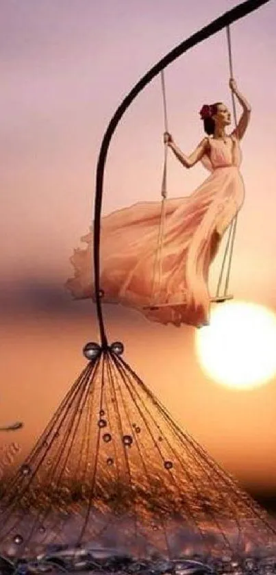 Woman on a swing against a dreamy sunset backdrop.