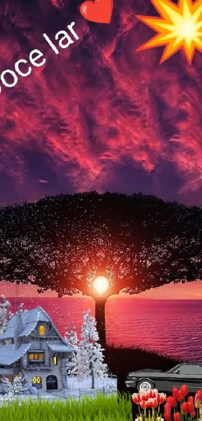 A vibrant sunset with a silhouette of a tree set against a colorful sky backdrop.