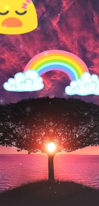 Dreamy sunset with a tree silhouette and a rainbow in the sky.