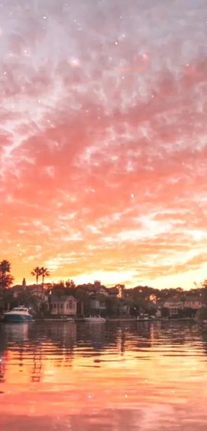 Beautiful orange sunset over a tranquil waterfront with palm trees.