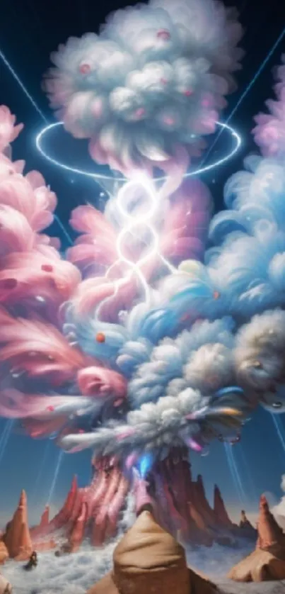 Surreal cloudscape art with vibrant pink and blue clouds creating a fantasy scene.