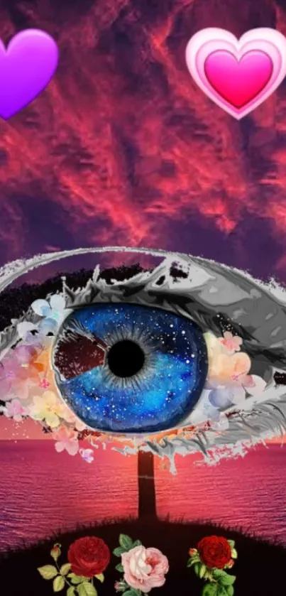 Surreal eye with vibrant cosmic colors and heart accents in a dreamlike scene.