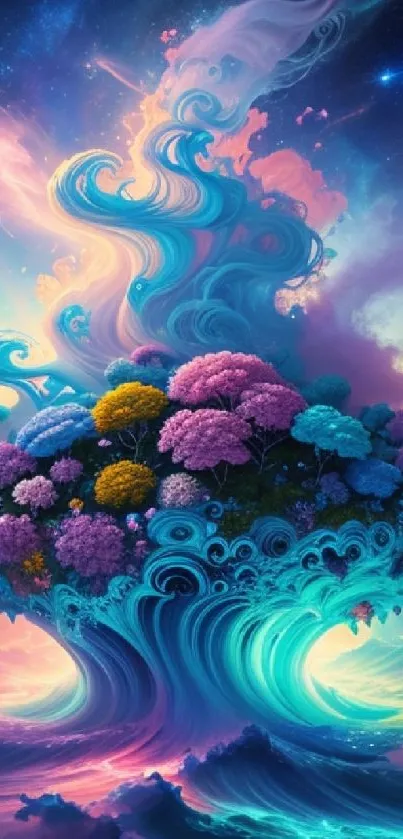 Surreal fantasy landscape with swirling clouds and colorful trees.