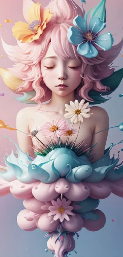 Surreal pink-haired character with flowers.