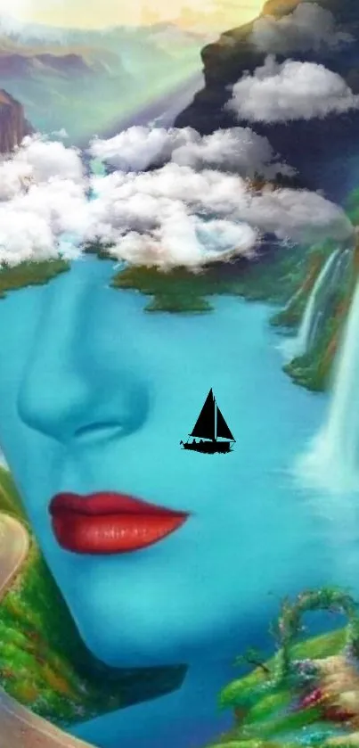 Surreal landscape with a face, clouds, and waterfalls.