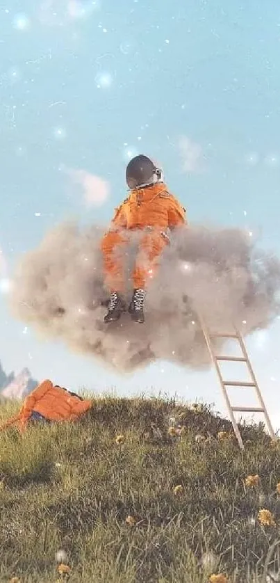 Surreal scene of a person in orange sitting on a cloud in a dreamy landscape.