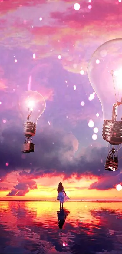 Surreal wallpaper with floating light bulbs and a dreamy sunset scene.