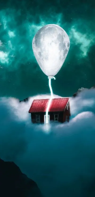 A surreal wallpaper with a house suspended by a moon balloon over clouds.