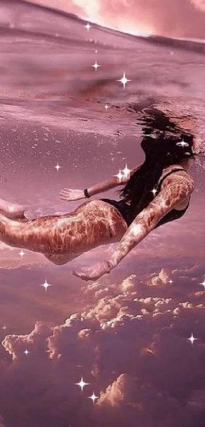 Surreal wallpaper of swimmer above pink clouds, creating a dreamy sky scene.