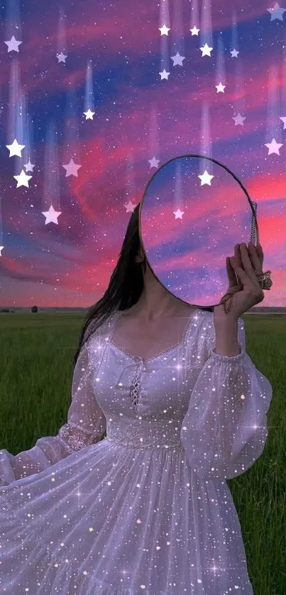 Dreamlike scene with a mirror-faced figure in a field under a purple-pink sky.