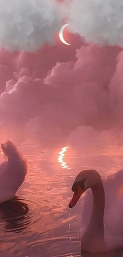 Swans on a pink lake under clouds with crescent moon.