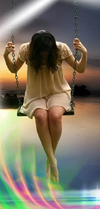 Girl on a swing at sunset with vibrant light trails by a serene lakeside.