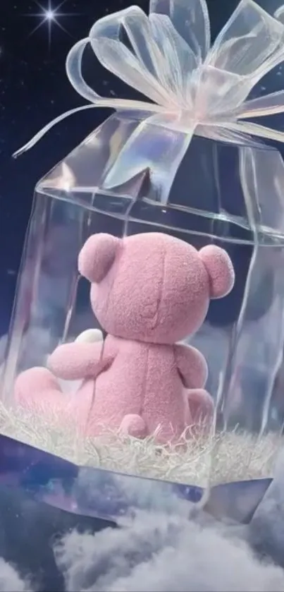 Cute teddy bear in gift box floating among clouds in night sky.