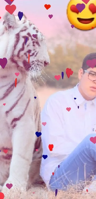 White tiger and person with heart emoji on pastel background.